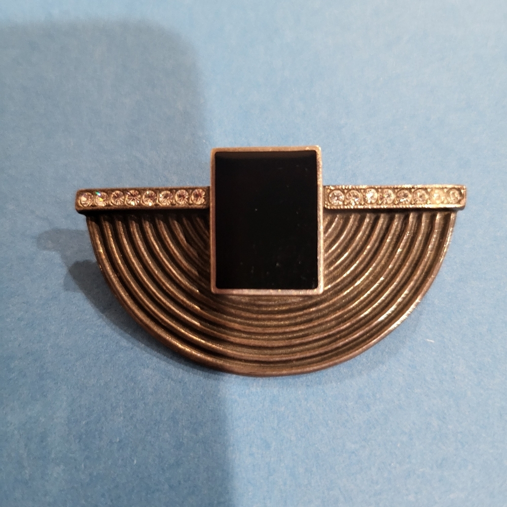 Stanning Vintage Art Deco Style. Sterling Silver 925 Black Onyx And Crystal Pin - Picture 4 of 6